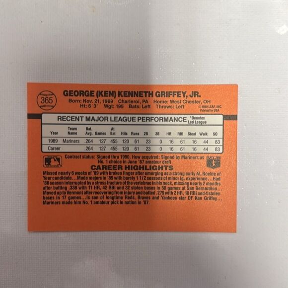 1990 donruss ken griffey jr #365 mint condition error rare - Picture 3 of 6